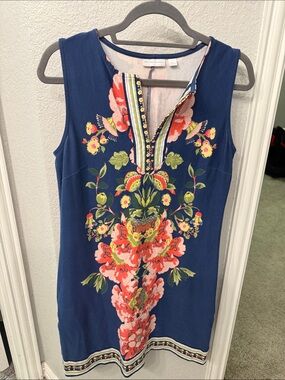 New York & Company Navy Floral Embroidered Sleeveless Tunic
